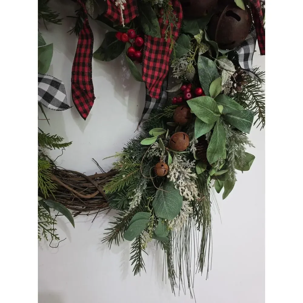 Handmade Buffalo Plaid Farmhouse Christmas Wreath Bells Berries Pinecones
